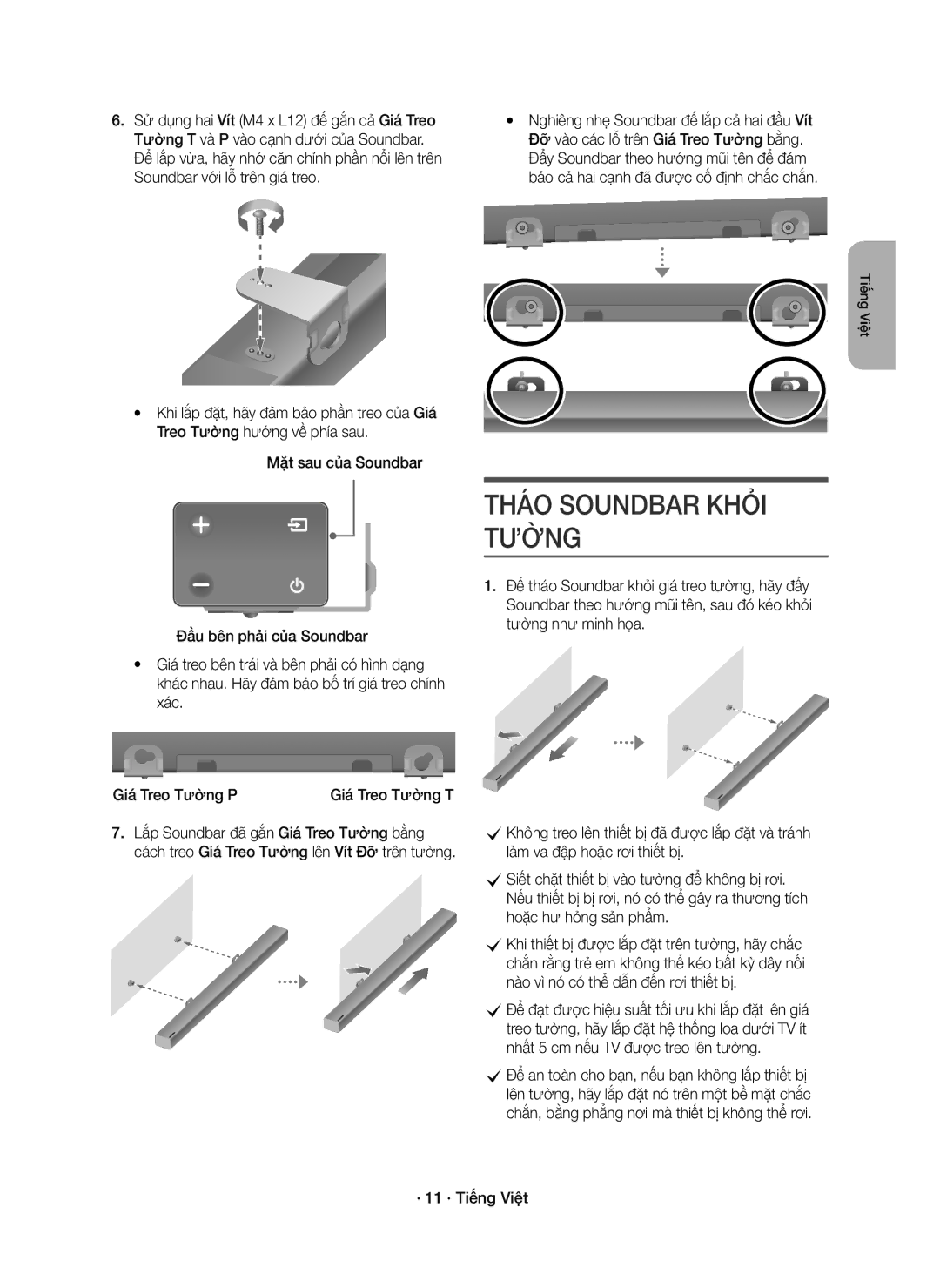 Samsung HW-K350/XV manual Tháo Soundbar Khỏi Tường, · 11 · Tiếng Việt 