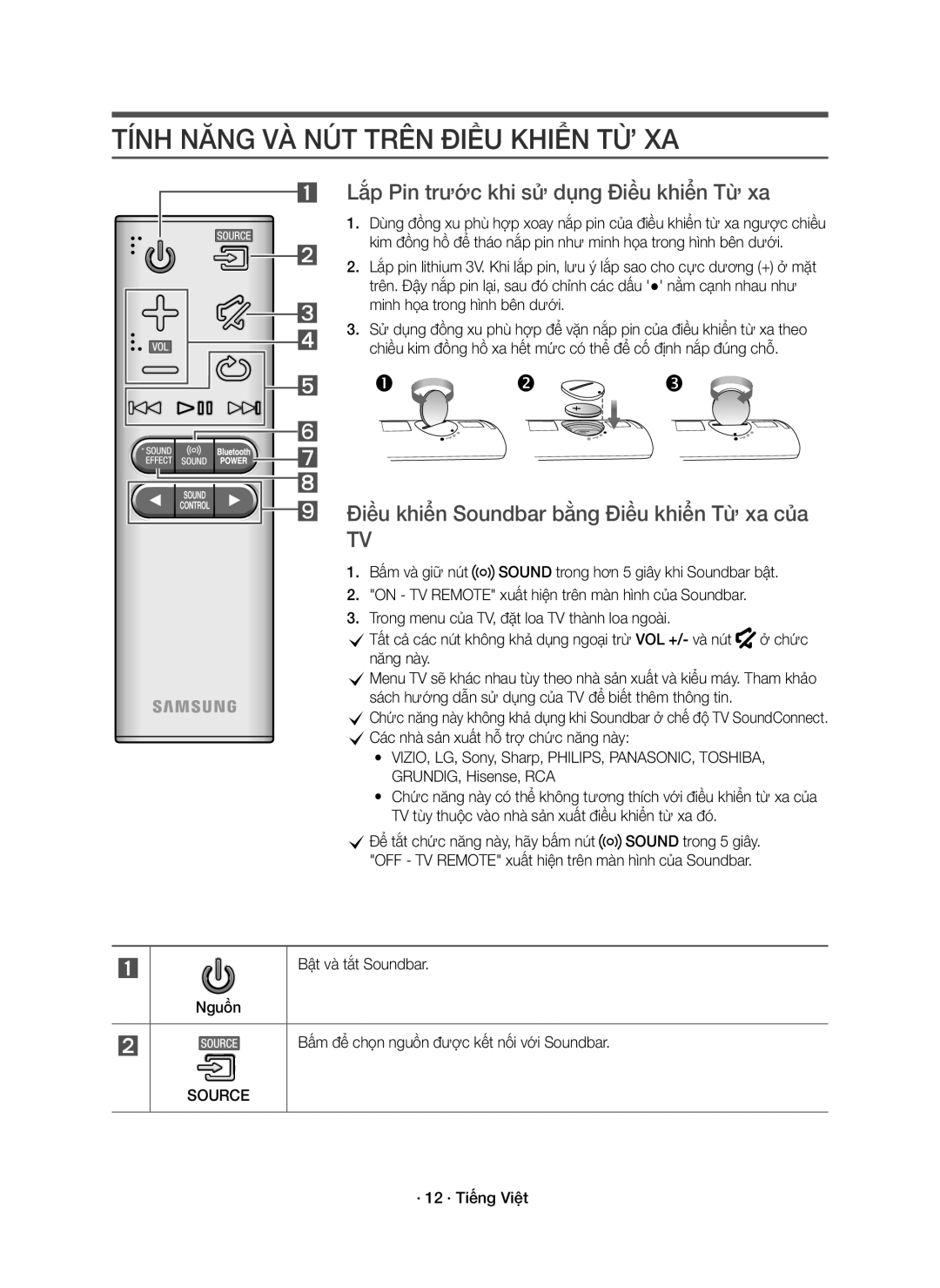 Samsung HW-K350/XV Tính Năng VÀ NÚT Trên Điều Khiển TỪ XA, Lắp Pin trước khi sử dụng Điều khiển Từ xa, · 12 · Tiếng Việt 