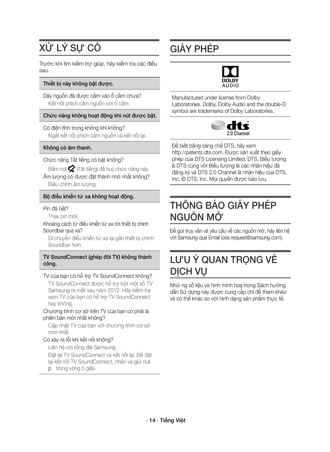 Samsung HW-K350/XV manual Xử Lý Sự Cố, Thông BÁO Giấy Phép Nguồn MỞ, LƯU Ý Quan Trọng VỀ Dịch VỤ 