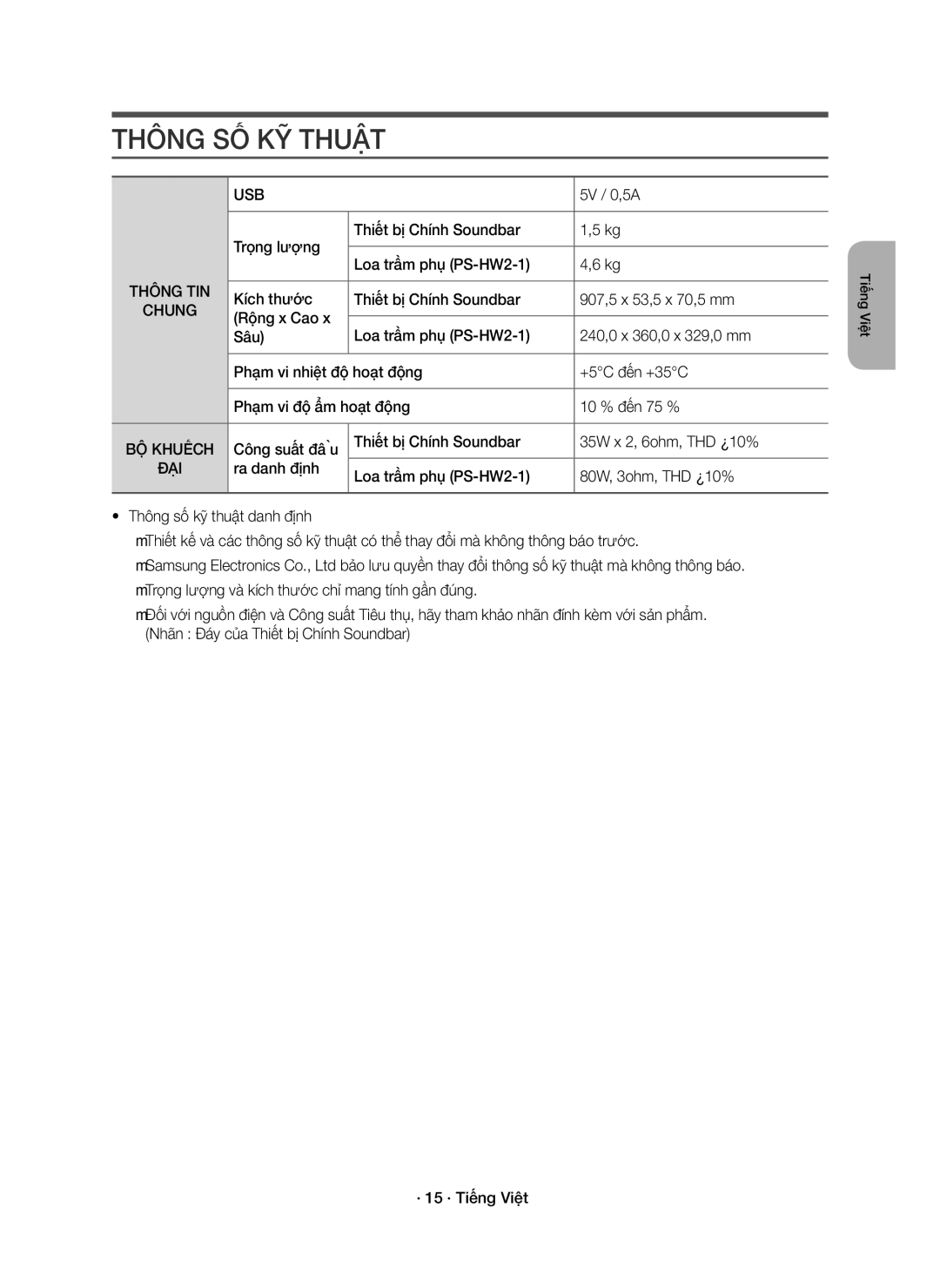 Samsung HW-K350/XV manual Thông SỐ KỸ Thuật, Thông TIN, Chung, BỘ Khuếch, Đại 