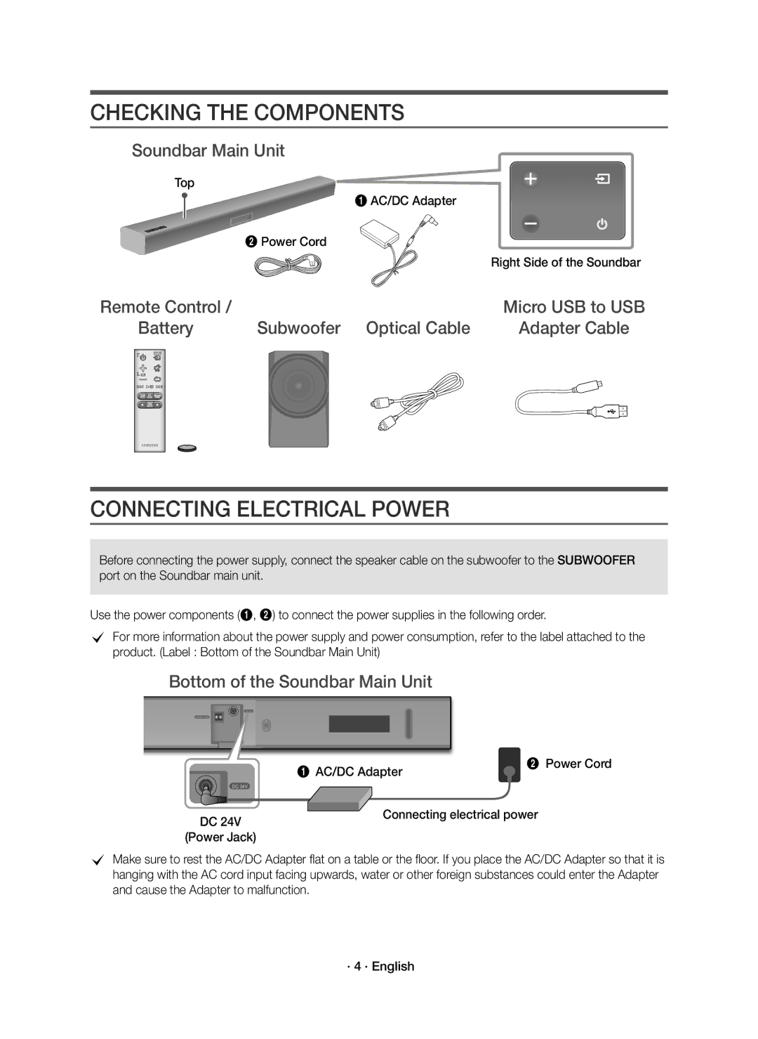 Samsung HW-K350/XV manual Checking the Components, Connecting Electrical Power, Soundbar Main Unit 