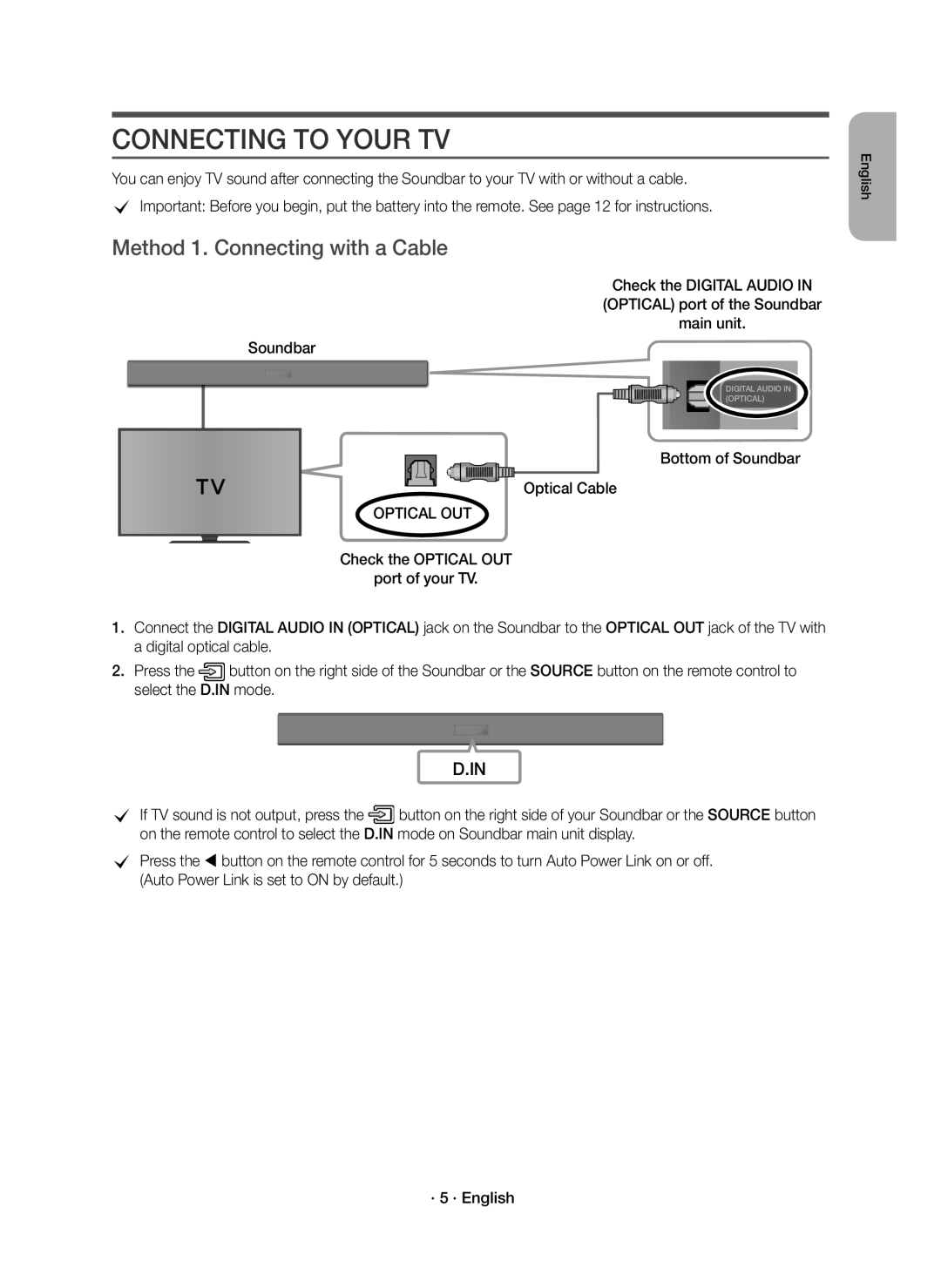 Samsung HW-K350/XV Connecting to Your TV, Method 1. Connecting with a Cable, Bottom of Soundbar Optical Cable, Optical OUT 