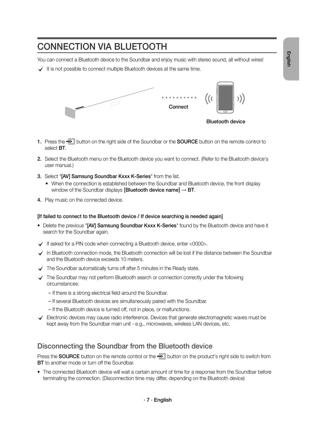 Samsung HW-K350/XV manual Connection VIA Bluetooth, Disconnecting the Soundbar from the Bluetooth device, · 7 · English 