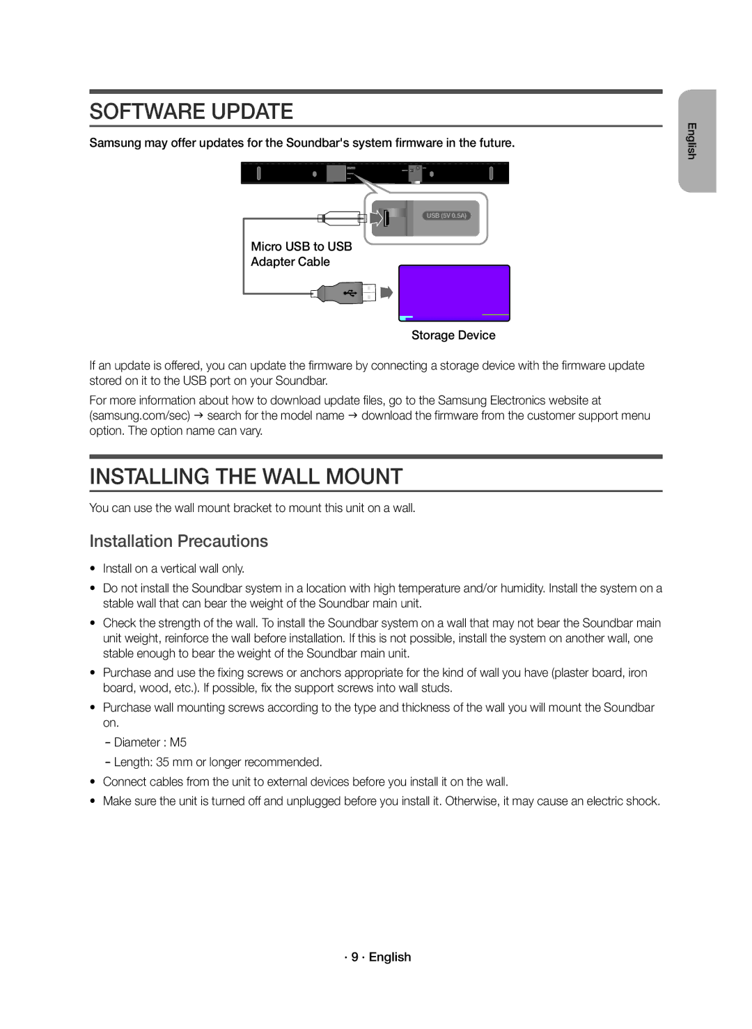 Samsung HW-K350/XV manual Software Update, Installing the Wall Mount, Installation Precautions, · 9 · English 