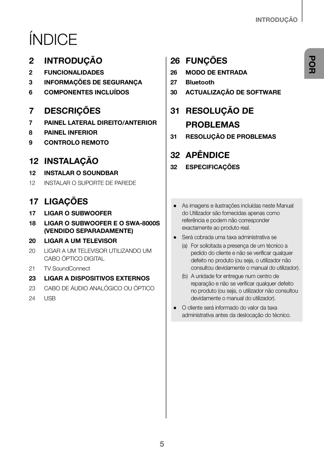 Samsung HW-K360/XN, HW-K360/EN, HW-K360/ZF manual Índice, Será cobrada uma taxa administrativa se 