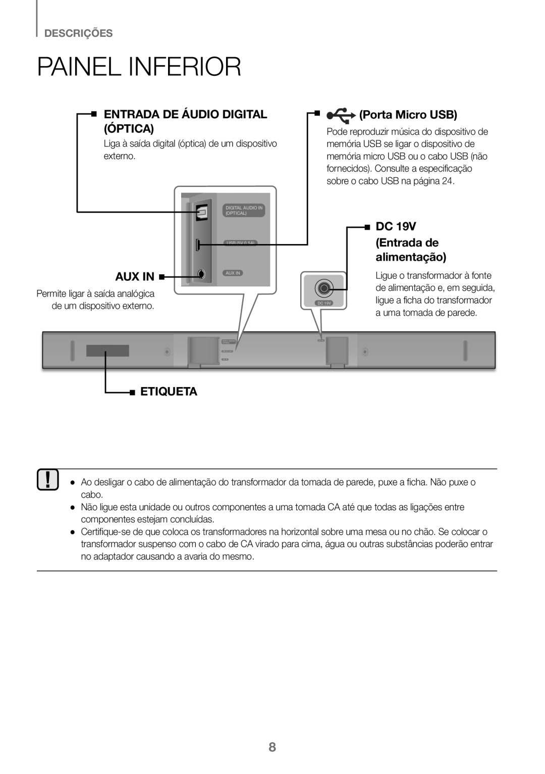 Samsung HW-K360/XN, HW-K360/EN, HW-K360/ZF manual Painel Inferior, Liga à saída digital óptica de um dispositivo externo 