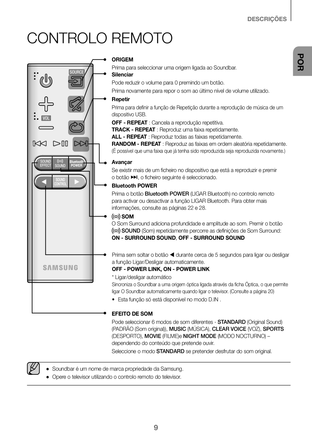 Samsung HW-K360/EN, HW-K360/ZF, HW-K360/XN manual Controlo Remoto, Silenciar, Repetir, Avançar 