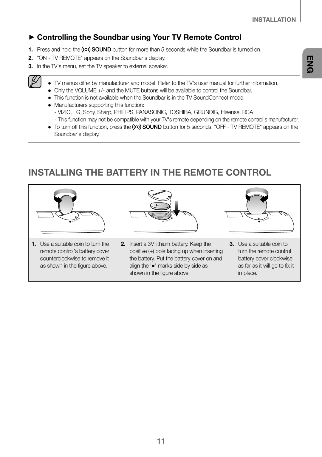 Samsung HW-K360/XN Installing the Battery in the Remote Control, ++Controlling the Soundbar using Your TV Remote Control 