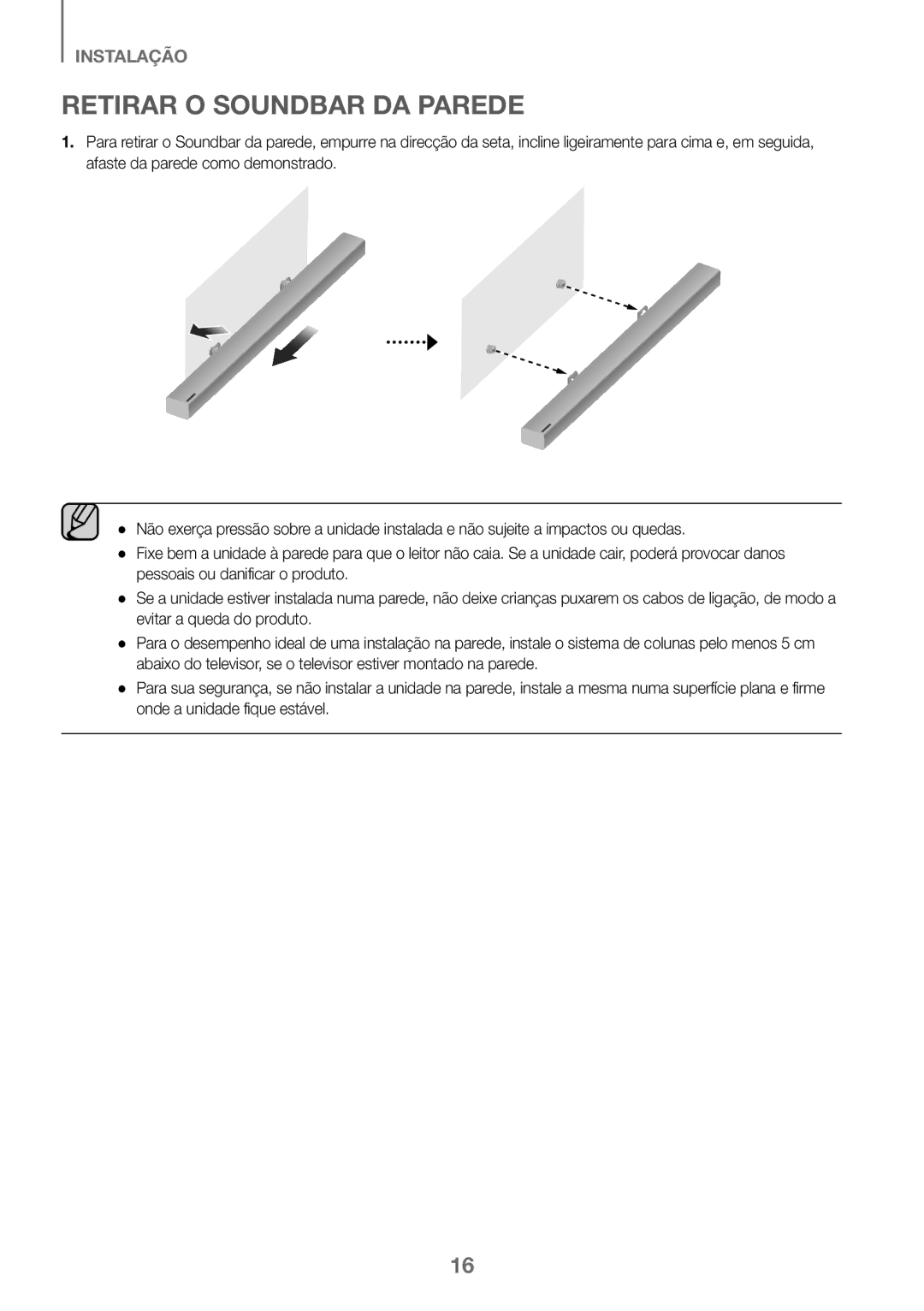 Samsung HW-K360/ZF, HW-K360/EN, HW-K360/XN manual Retirar O Soundbar DA Parede 