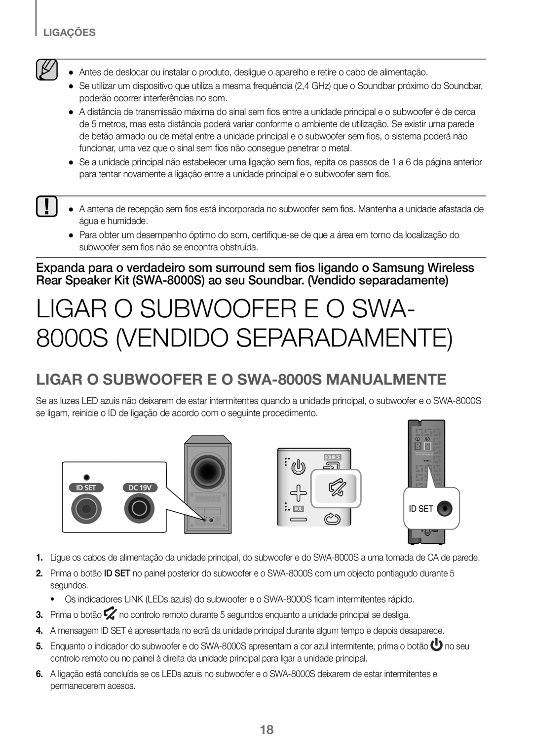 Samsung HW-K360/EN Ligar O Subwoofer E O SWA- 8000S Vendido Separadamente, Ligar O Subwoofer E O SWA-8000S Manualmente 