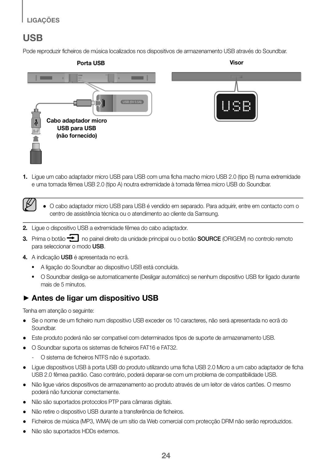 Samsung HW-K360/EN, HW-K360/ZF manual ++Antes de ligar um dispositivo USB, Cabo adaptador micro USB para USB não fornecido 