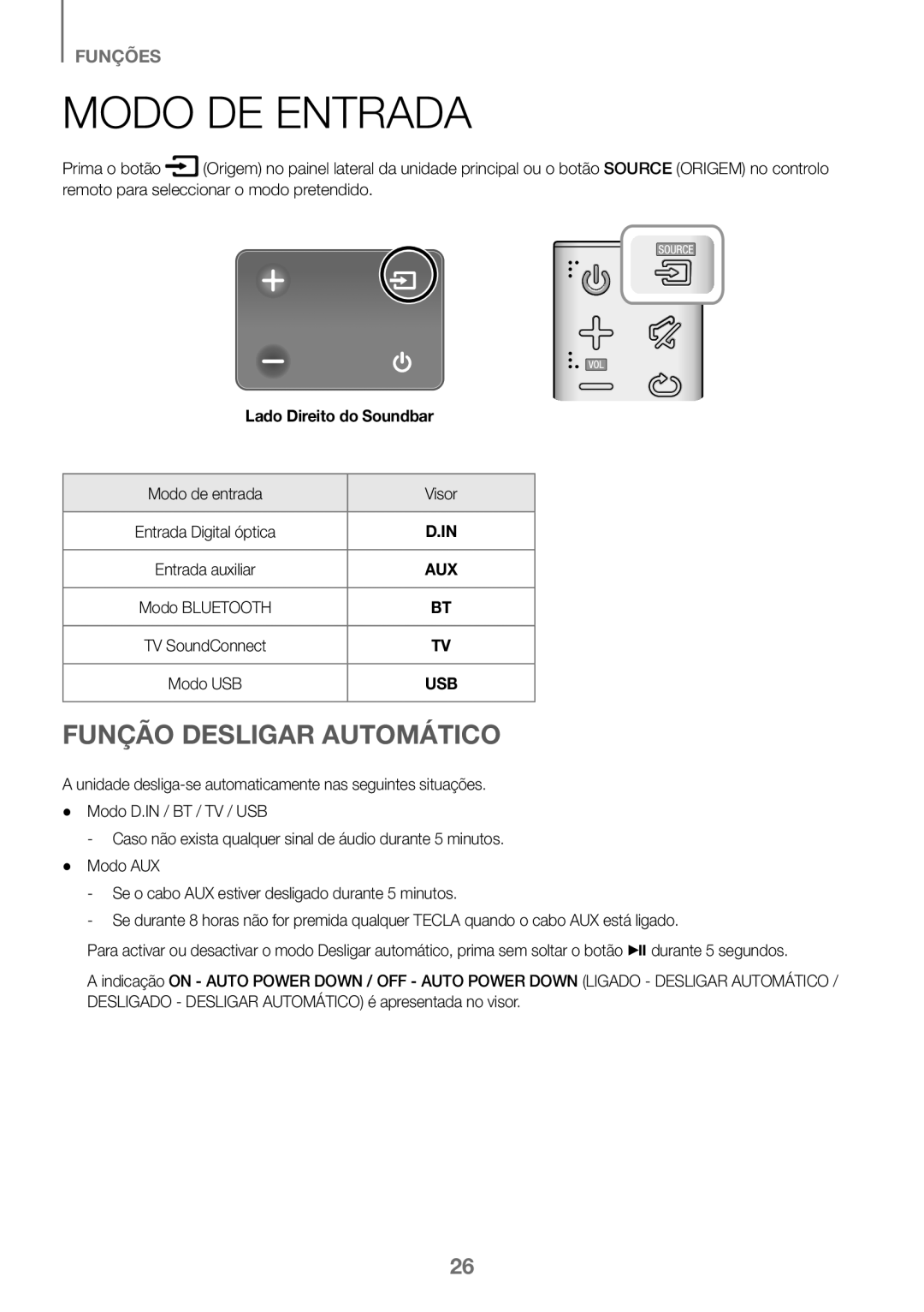 Samsung HW-K360/XN manual Modo DE Entrada, Função Desligar Automático, Lado Direito do Soundbar, Modo de entrada Visor 