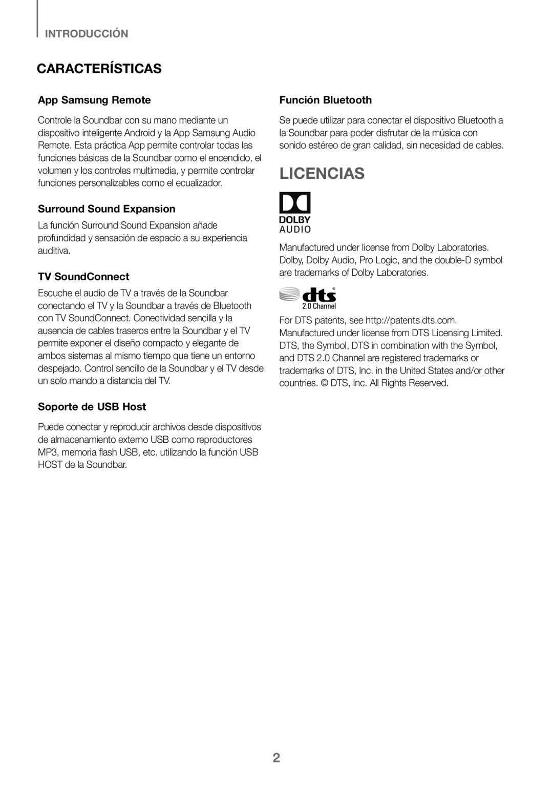 Samsung HW-K360/XN, HW-K360/EN, HW-K360/ZF manual Licencias, Características 