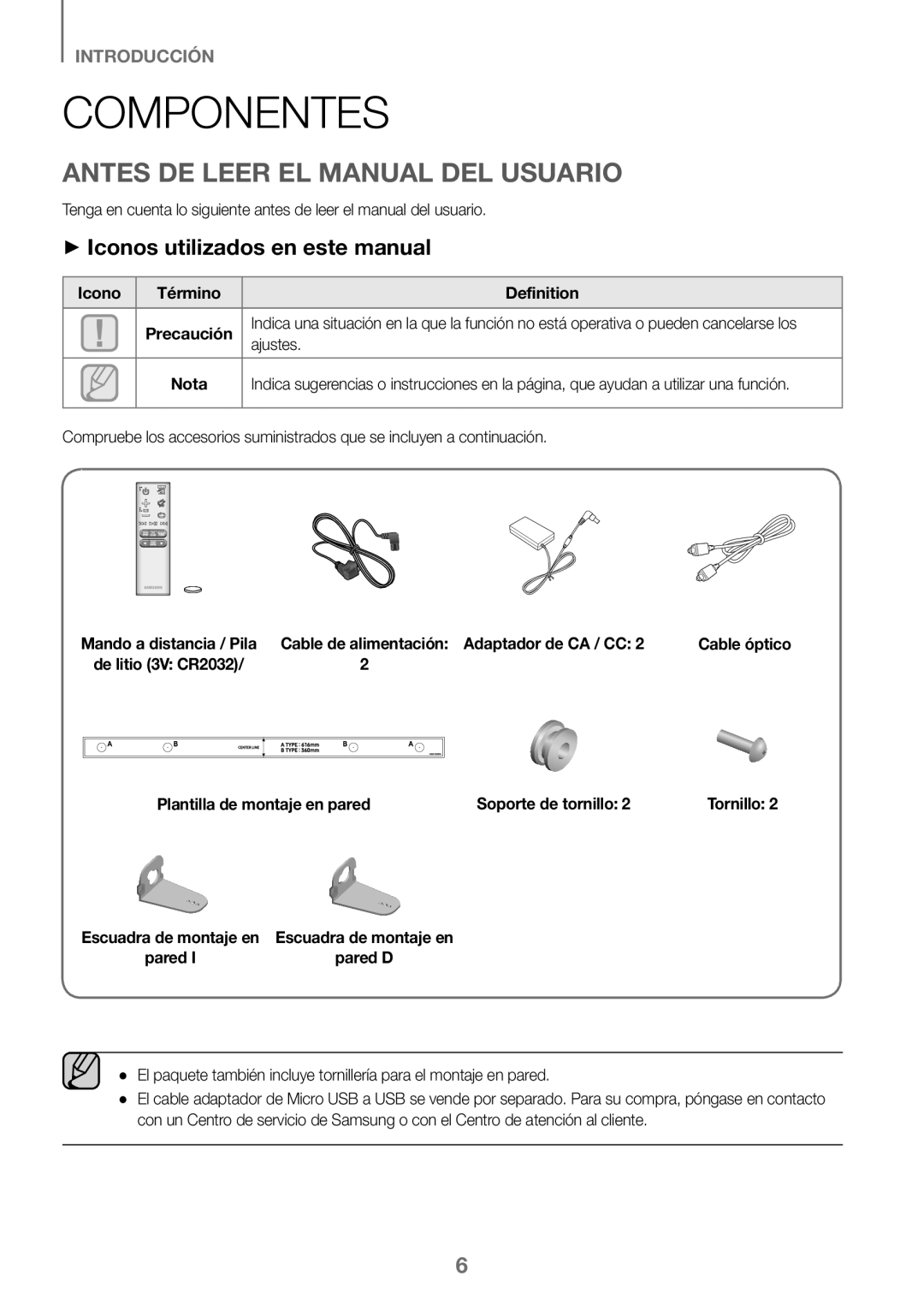 Samsung HW-K360/EN, HW-K360/ZF Componentes, Antes DE Leer EL Manual DEL Usuario, ++Iconos utilizados en este manual 