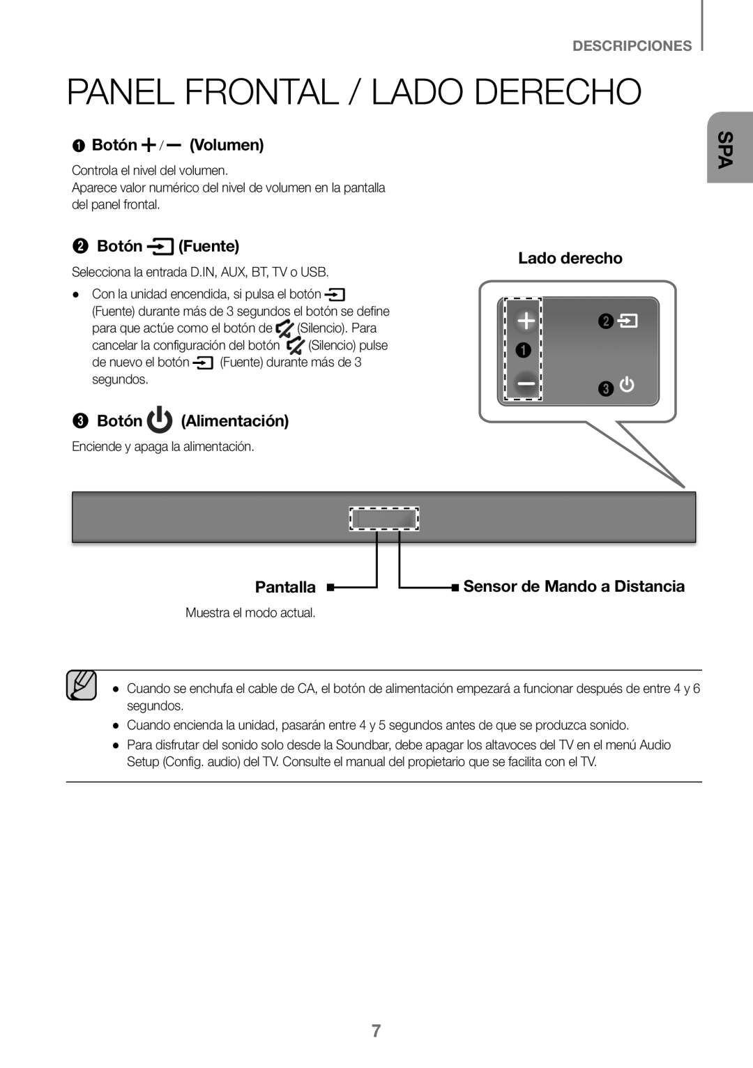 Samsung HW-K360/ZF, HW-K360/EN manual Panel Frontal / Lado Derecho, Enciende y apaga la alimentación, Muestra el modo actual 