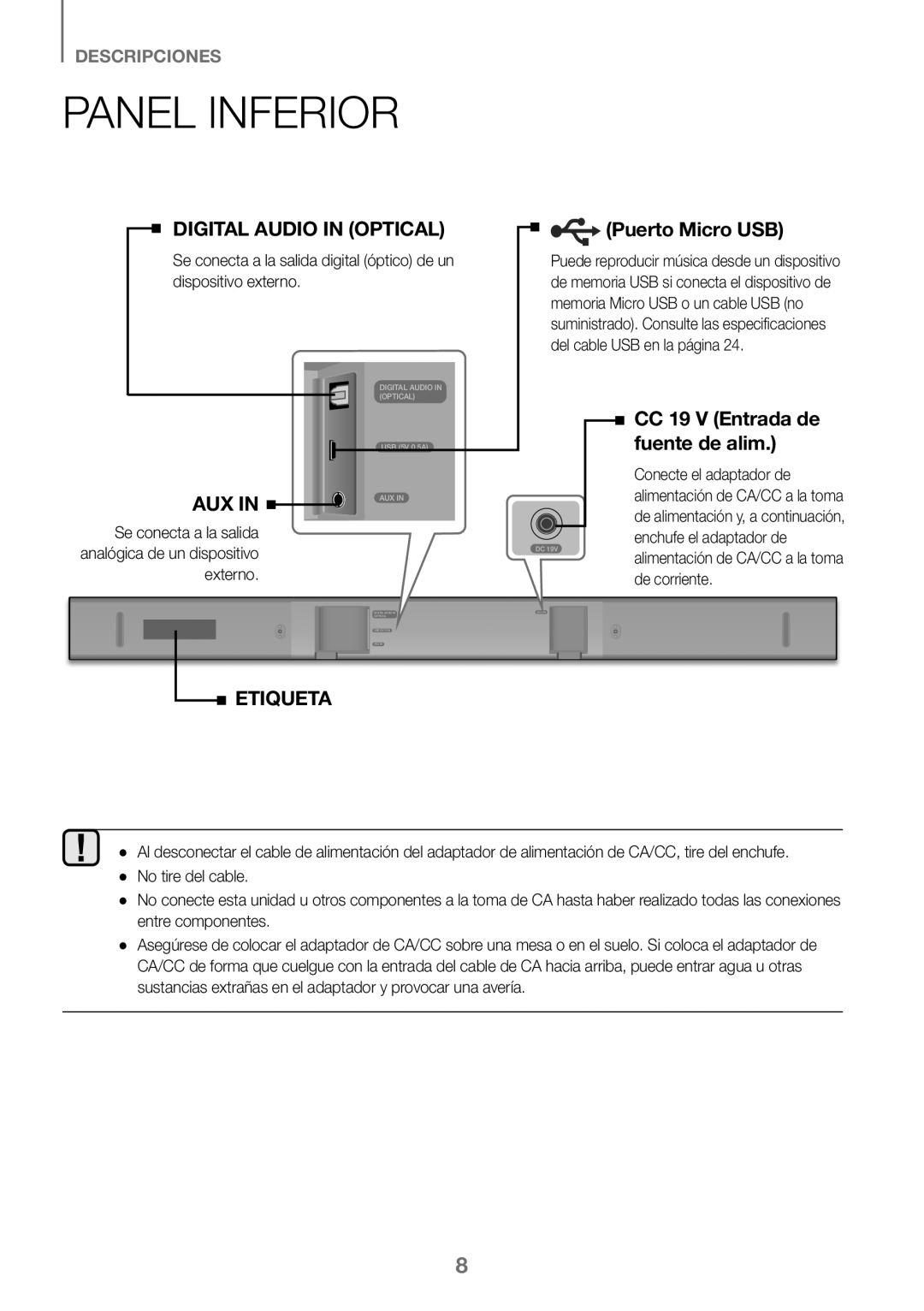 Samsung HW-K360/XN, HW-K360/EN, HW-K360/ZF manual Panel Inferior, Se conecta a la salida analógica de un dispositivo externo 