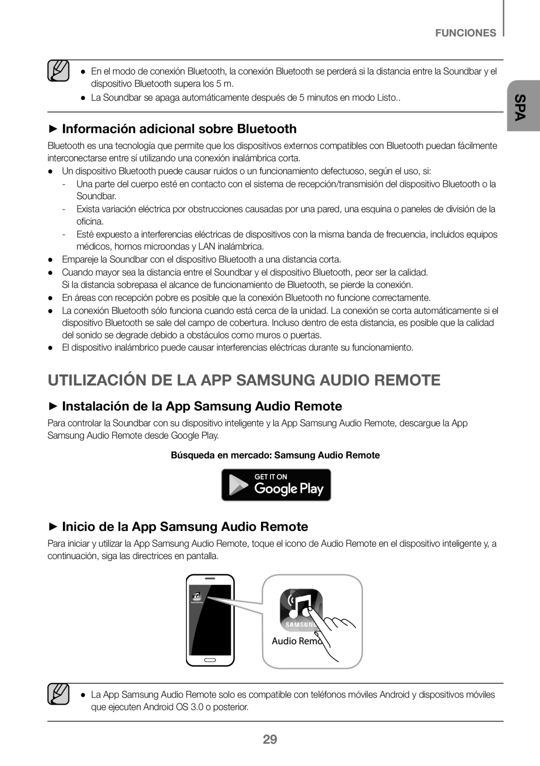 Samsung HW-K360/XN, HW-K360/EN, HW-K360/ZF ++Información adicional sobre Bluetooth, ++Inicio de la App Samsung Audio Remote 