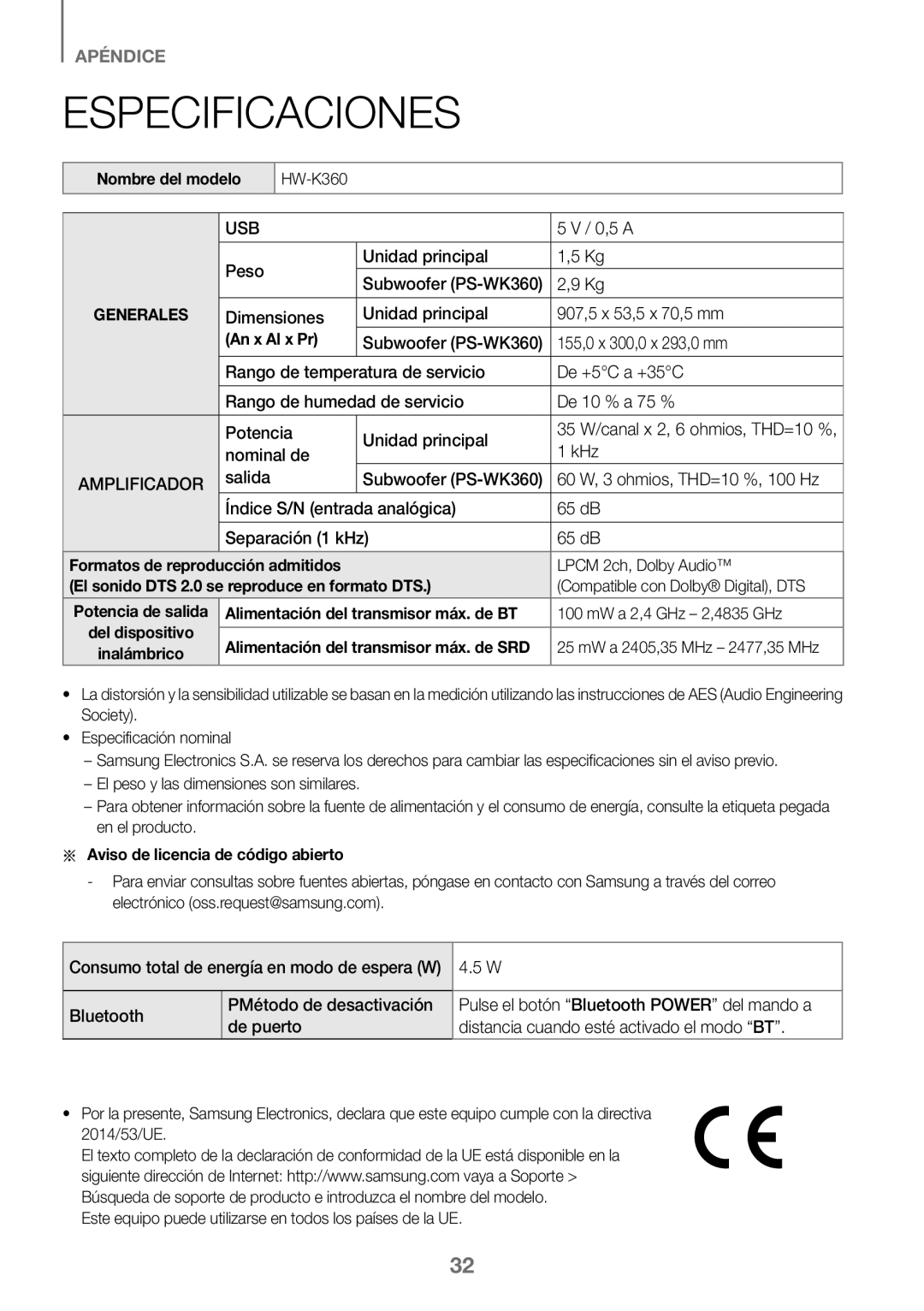 Samsung HW-K360/XN, HW-K360/EN, HW-K360/ZF manual Especificaciones 