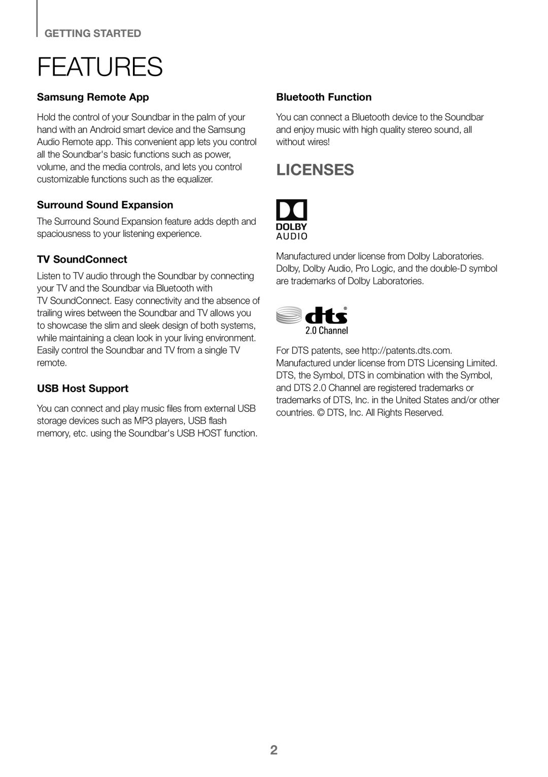 Samsung HW-K360/XN, HW-K360/EN, HW-K360/ZF manual Features, Licenses 