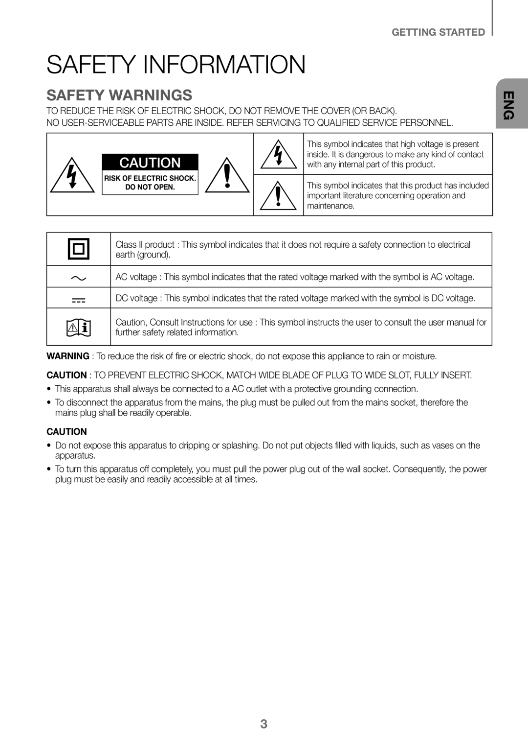 Samsung HW-K360/EN, HW-K360/ZF, HW-K360/XN manual Safety Information, Safety Warnings 