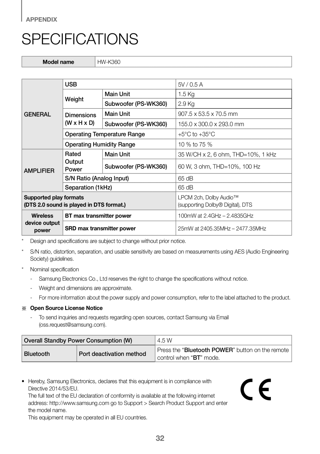 Samsung HW-K360/XN, HW-K360/EN, HW-K360/ZF manual Specifications 