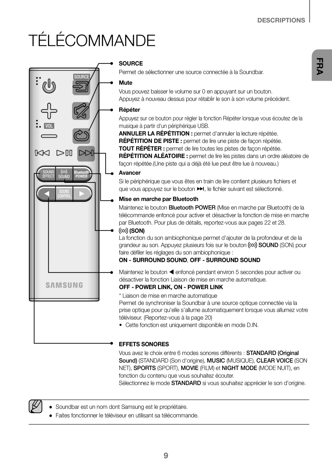 Samsung HW-K360/EN, HW-K360/ZF, HW-K360/XN manual Télécommande, Répéter, Avancer, Mise en marche par Bluetooth 