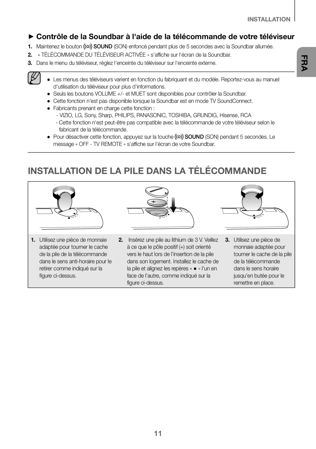 Samsung HW-K360/XN, HW-K360/EN, HW-K360/ZF manual Installation DE LA Pile Dans LA Télécommande, Fabricant de la télécommande 