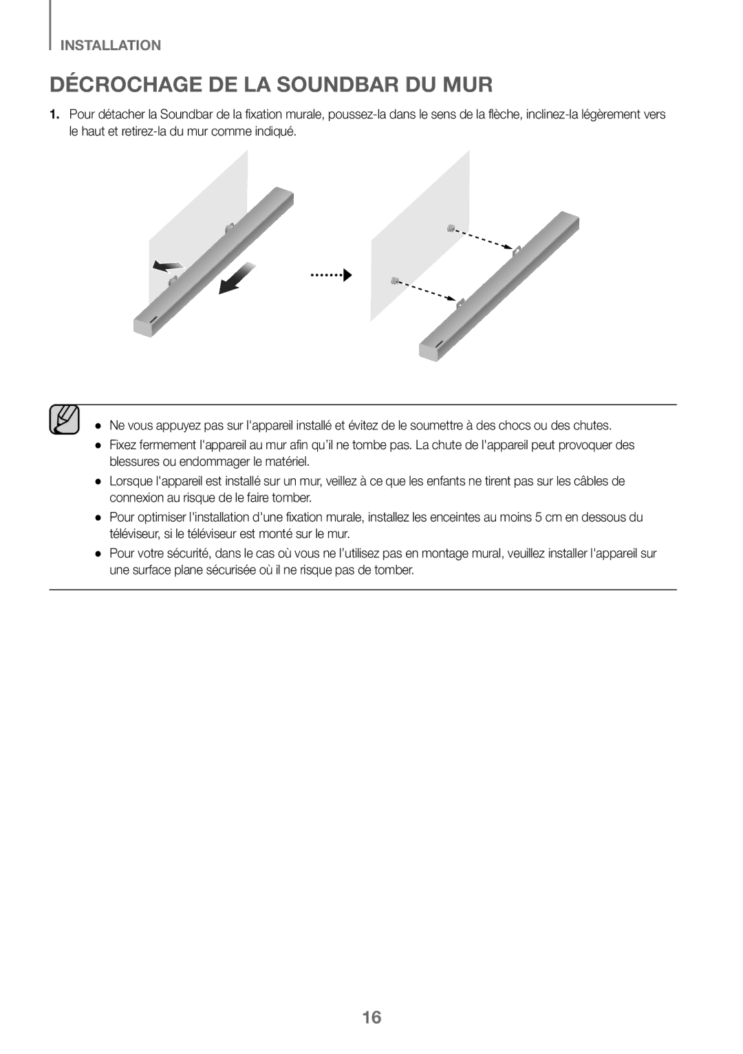 Samsung HW-K360/ZF, HW-K360/EN, HW-K360/XN manual Décrochage DE LA Soundbar DU MUR 