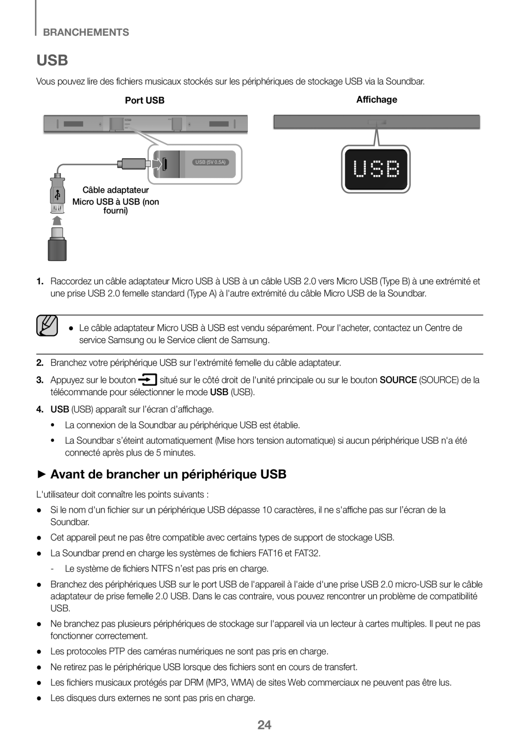 Samsung HW-K360/EN, HW-K360/ZF, HW-K360/XN manual ++Avant de brancher un périphérique USB, Port USB 