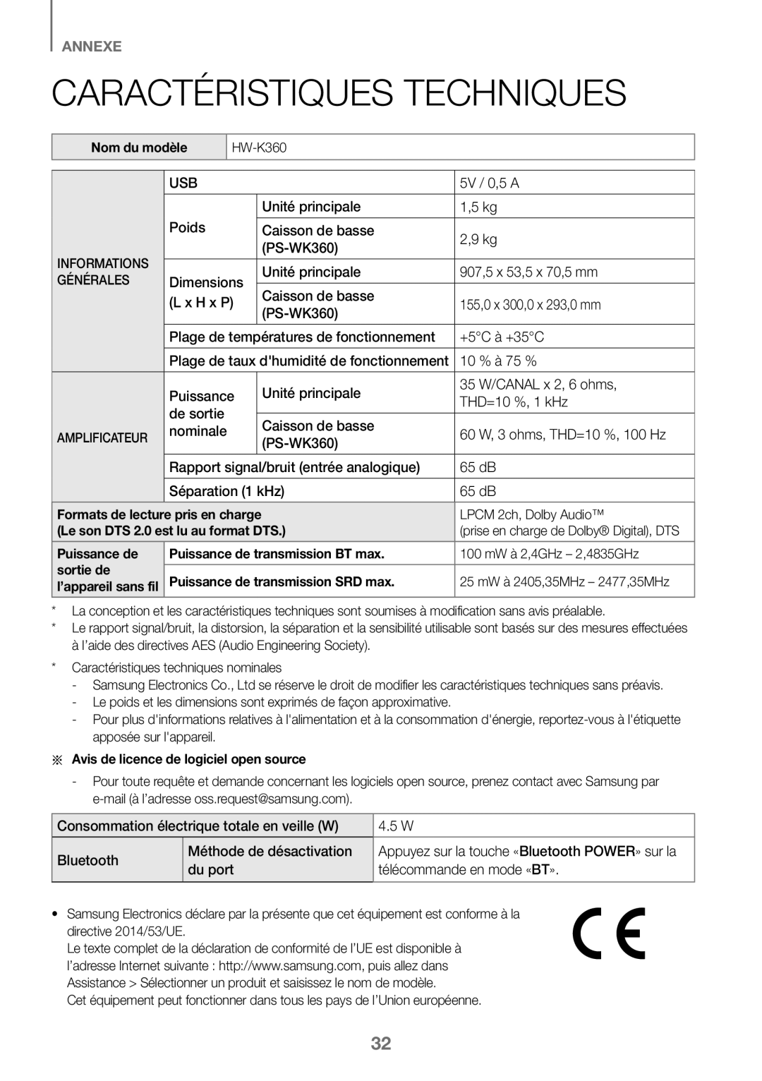 Samsung HW-K360/XN, HW-K360/EN, HW-K360/ZF manual Caractéristiques Techniques 