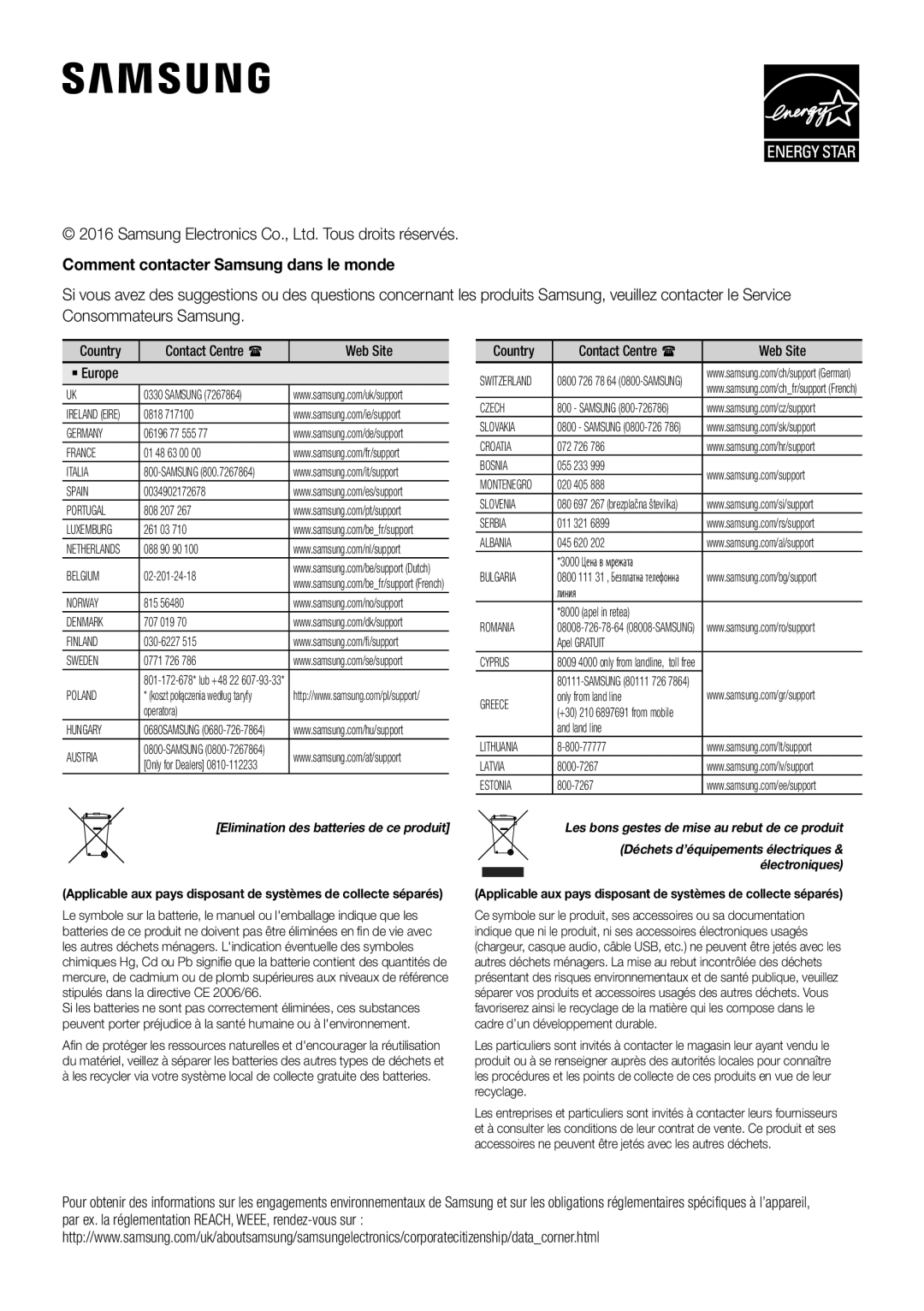 Samsung HW-K360/EN, HW-K360/ZF, HW-K360/XN manual Comment contacter Samsung dans le monde, Électroniques 