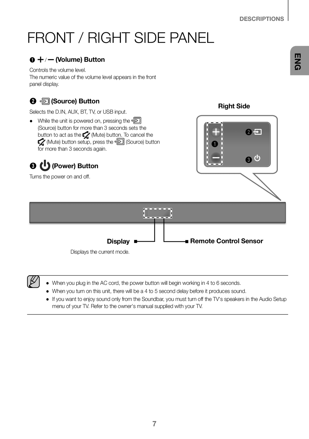 Samsung HW-K360/ZF, HW-K360/EN, HW-K360/XN Front / Right Side Panel, Turns the power on and off, Displays the current mode 