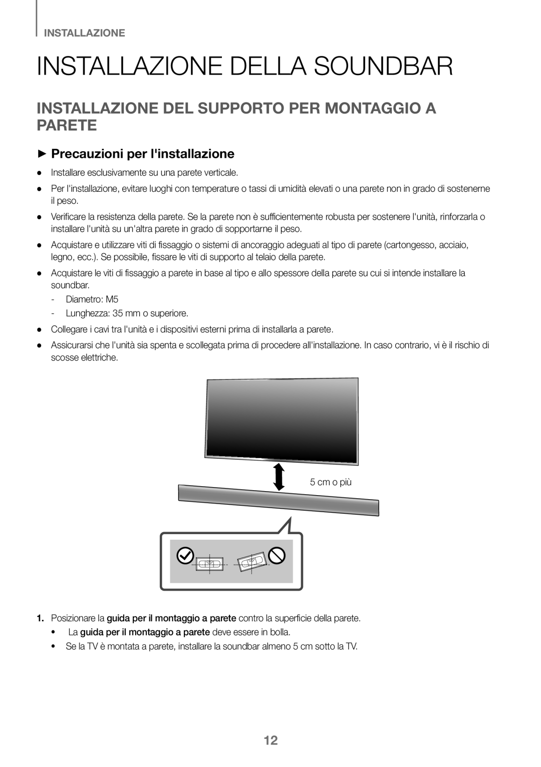 Samsung HW-K360/EN, HW-K360/ZF, HW-K360/XN Installazione Della Soundbar, Installazione DEL Supporto PER Montaggio a Parete 