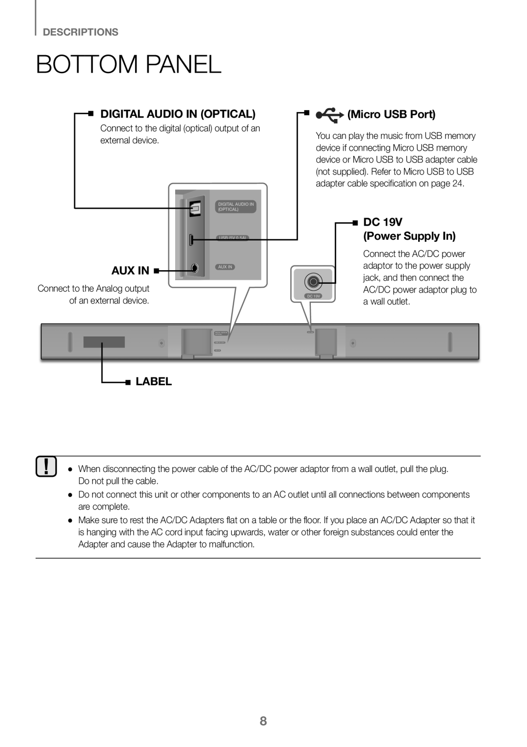 Samsung HW-K360/XN, HW-K360/EN manual Bottom Panel, Connect to the digital optical output of an external device, Wall outlet 