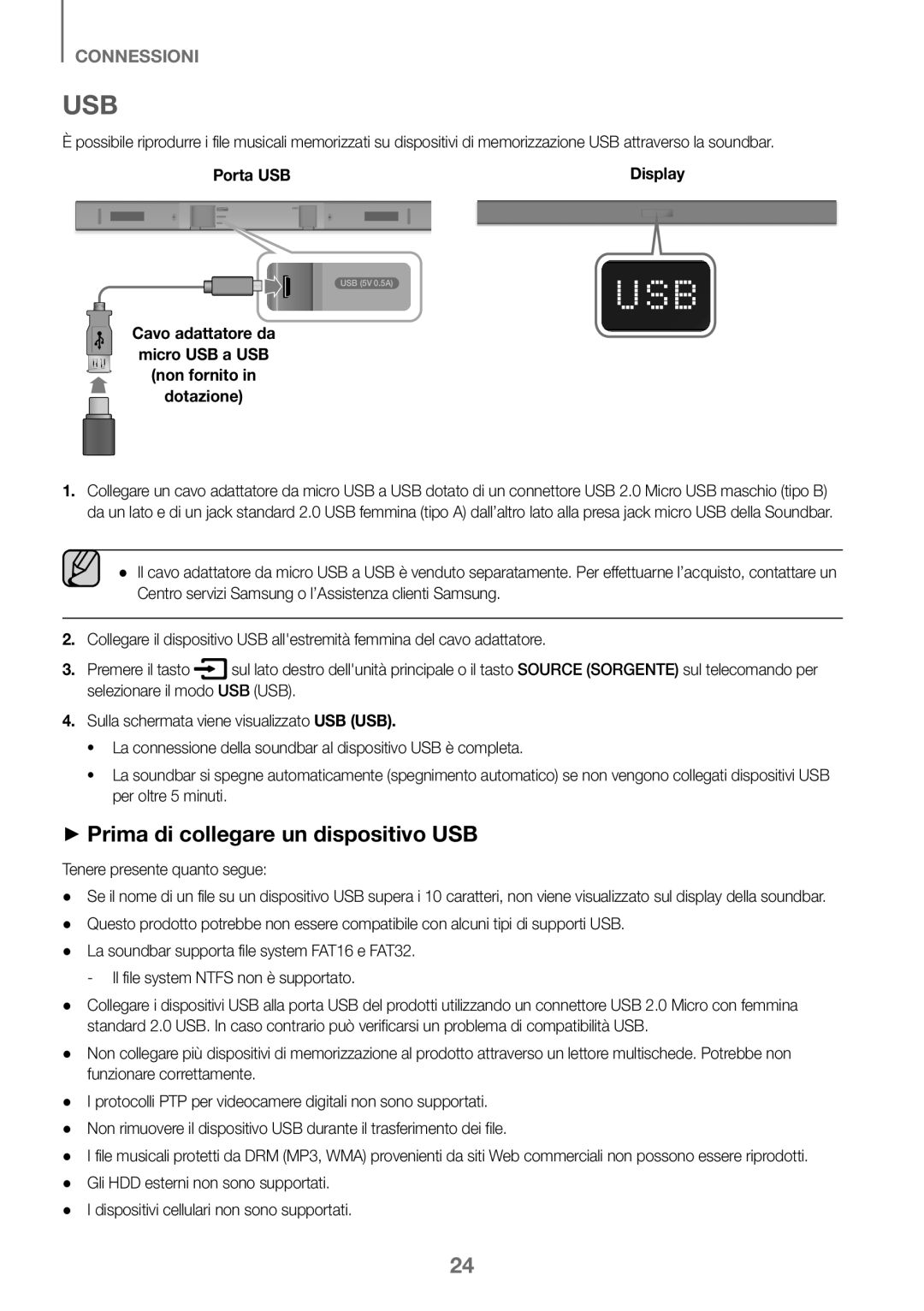 Samsung HW-K360/EN, HW-K360/ZF, HW-K360/XN ++Prima di collegare un dispositivo USB, Porta USB, Tenere presente quanto segue 