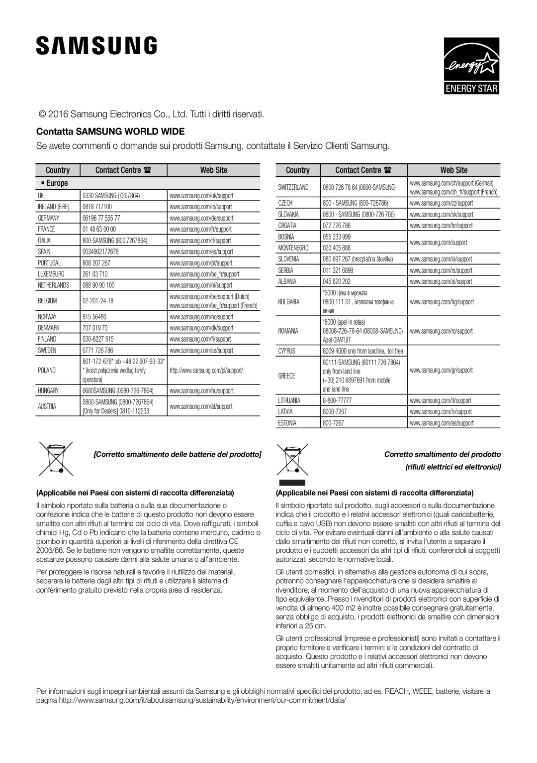 Samsung HW-K360/EN, HW-K360/ZF, HW-K360/XN manual Contatta Samsung World Wide, Rifiuti elettrici ed elettronici 