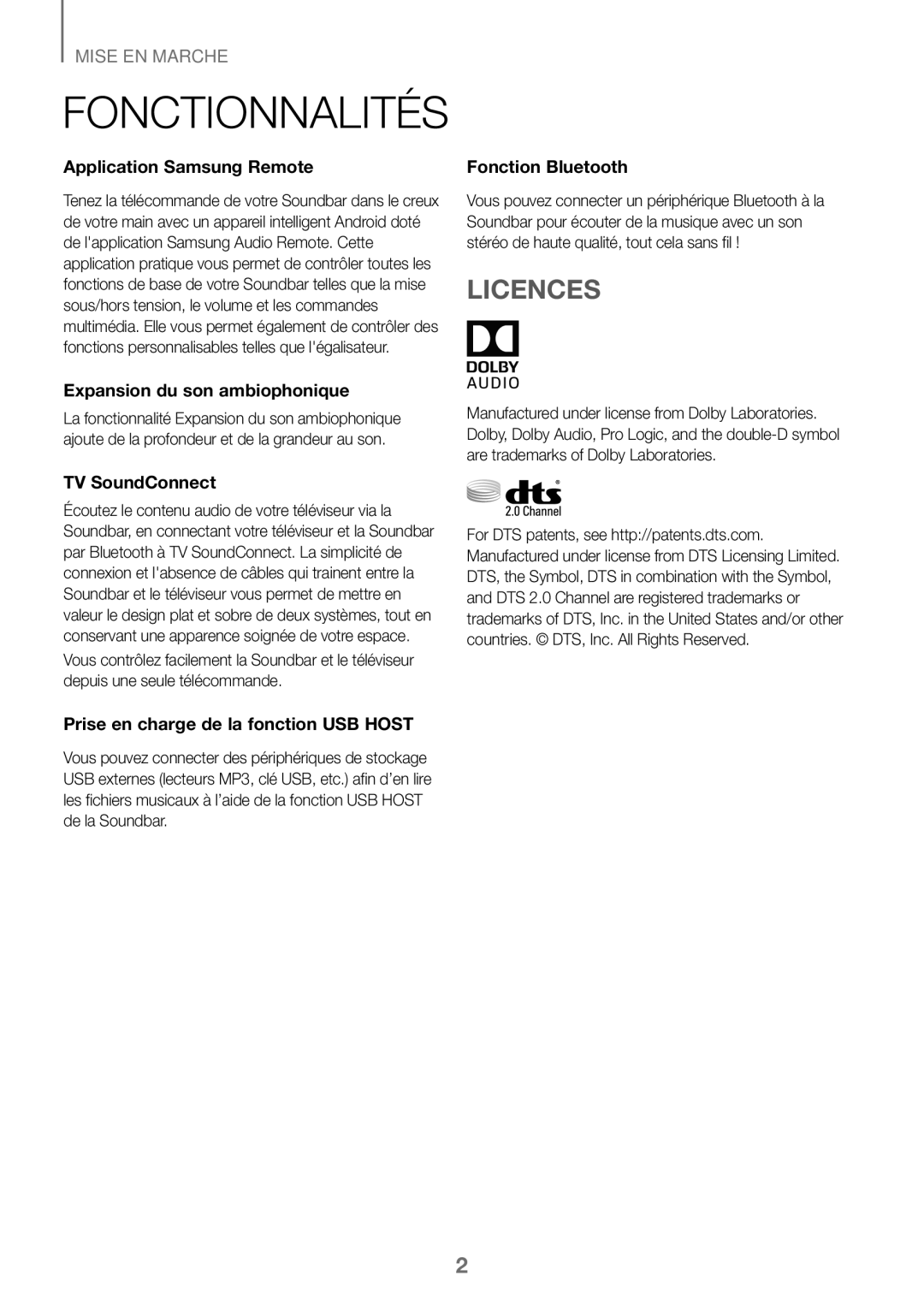 Samsung HW-K360/XN, HW-K360/EN, HW-K360/ZF manual Fonctionnalités, Licences 