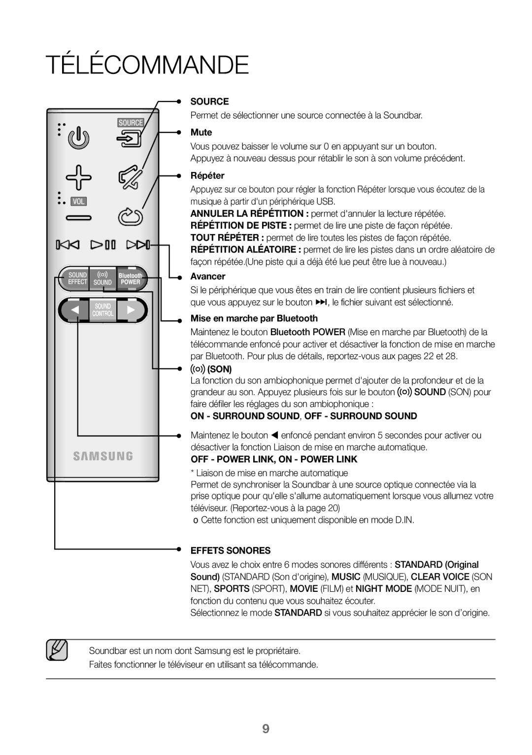 Samsung HW-K360/EN, HW-K360/ZF, HW-K360/XN manual Télécommande, Répéter, Avancer, Mise en marche par Bluetooth 