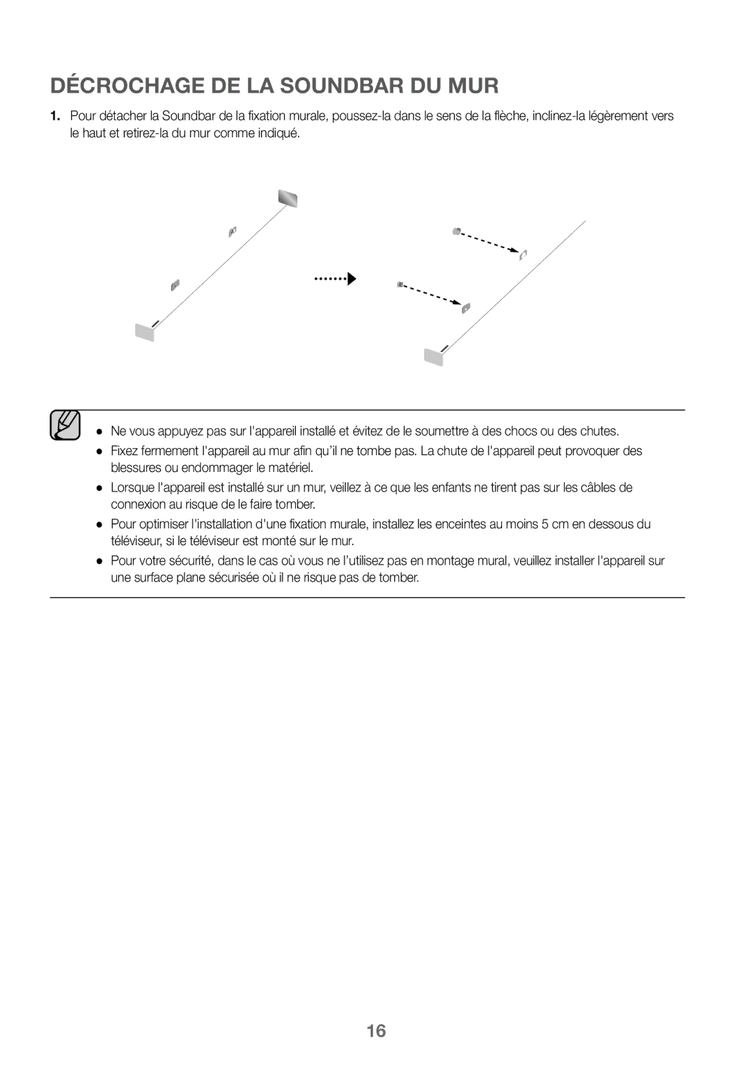 Samsung HW-K360/ZF, HW-K360/EN, HW-K360/XN manual Décrochage DE LA Soundbar DU MUR 