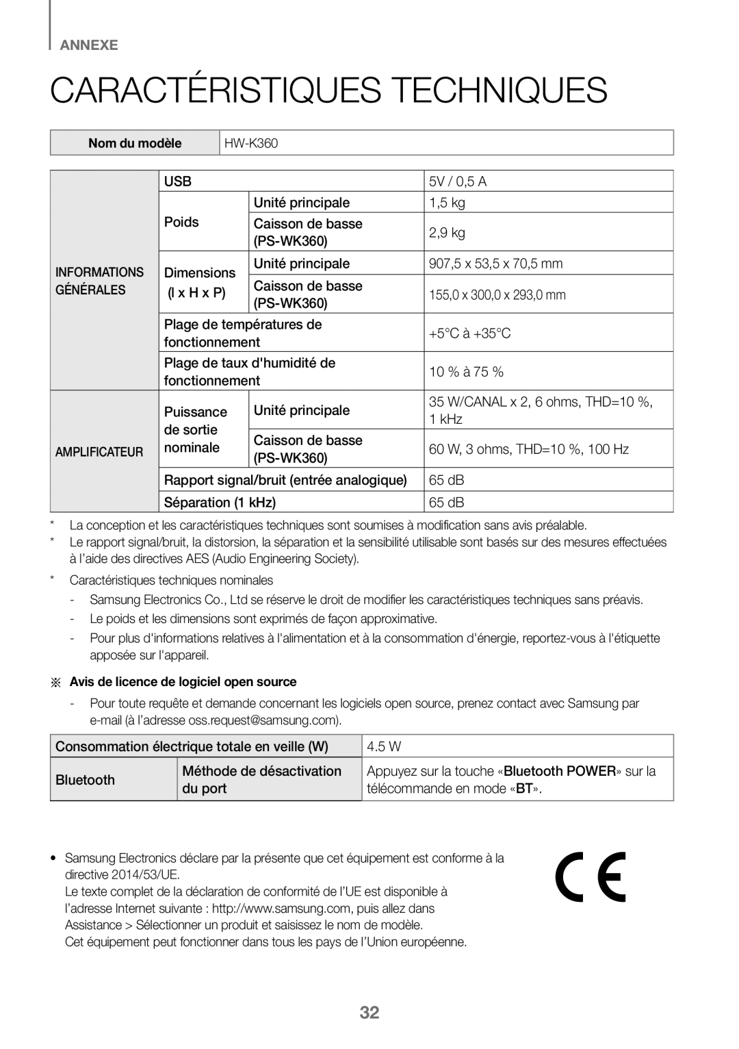 Samsung HW-K360/XN, HW-K360/EN manual Caractéristiques Techniques, Nom du modèle, Aa Avis de licence de logiciel open source 