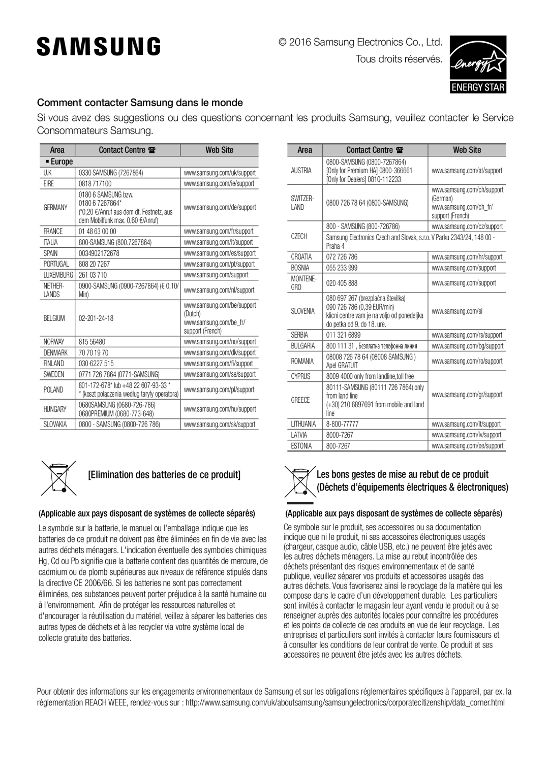 Samsung HW-K360/EN, HW-K360/ZF, HW-K360/XN manual Elimination des batteries de ce produit 