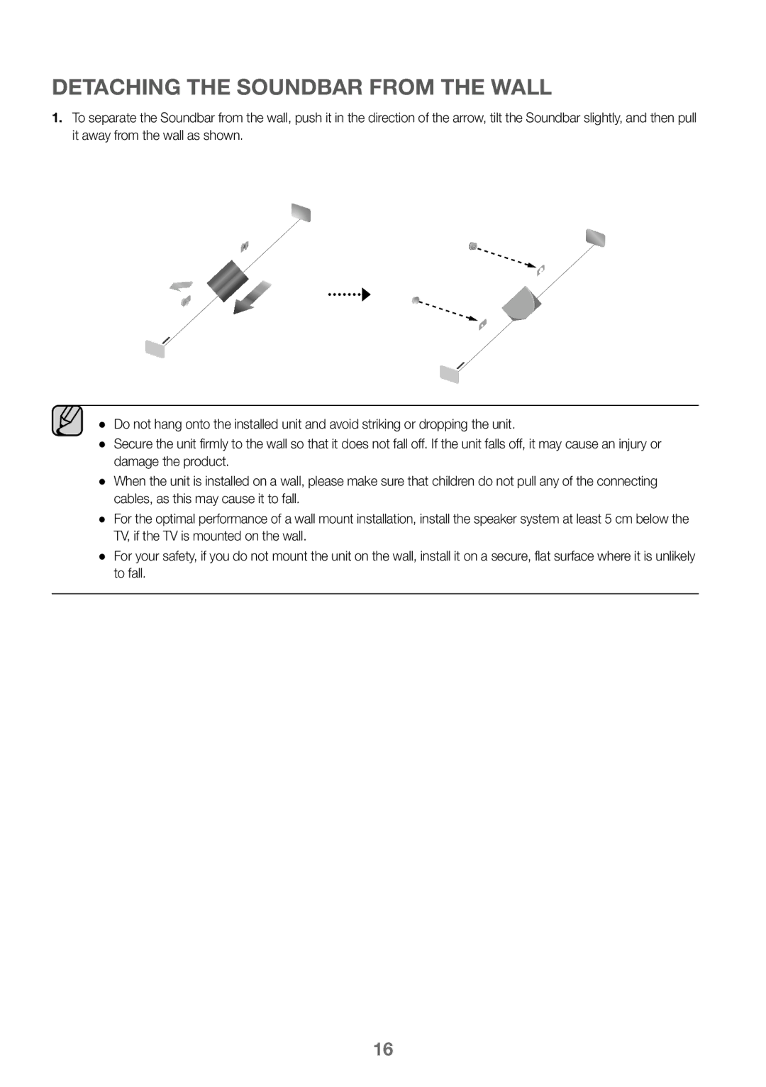 Samsung HW-K360/ZF, HW-K360/EN, HW-K360/XN manual Detaching the Soundbar from the Wall 