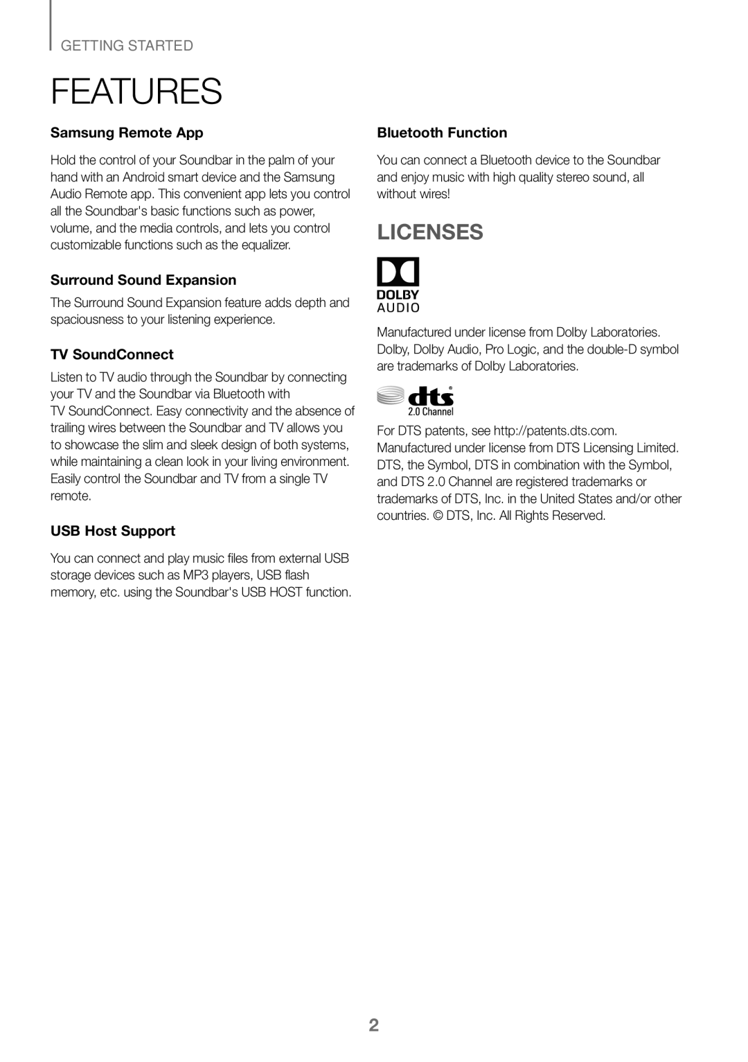 Samsung HW-K360/XN, HW-K360/EN, HW-K360/ZF manual Features, Licenses 