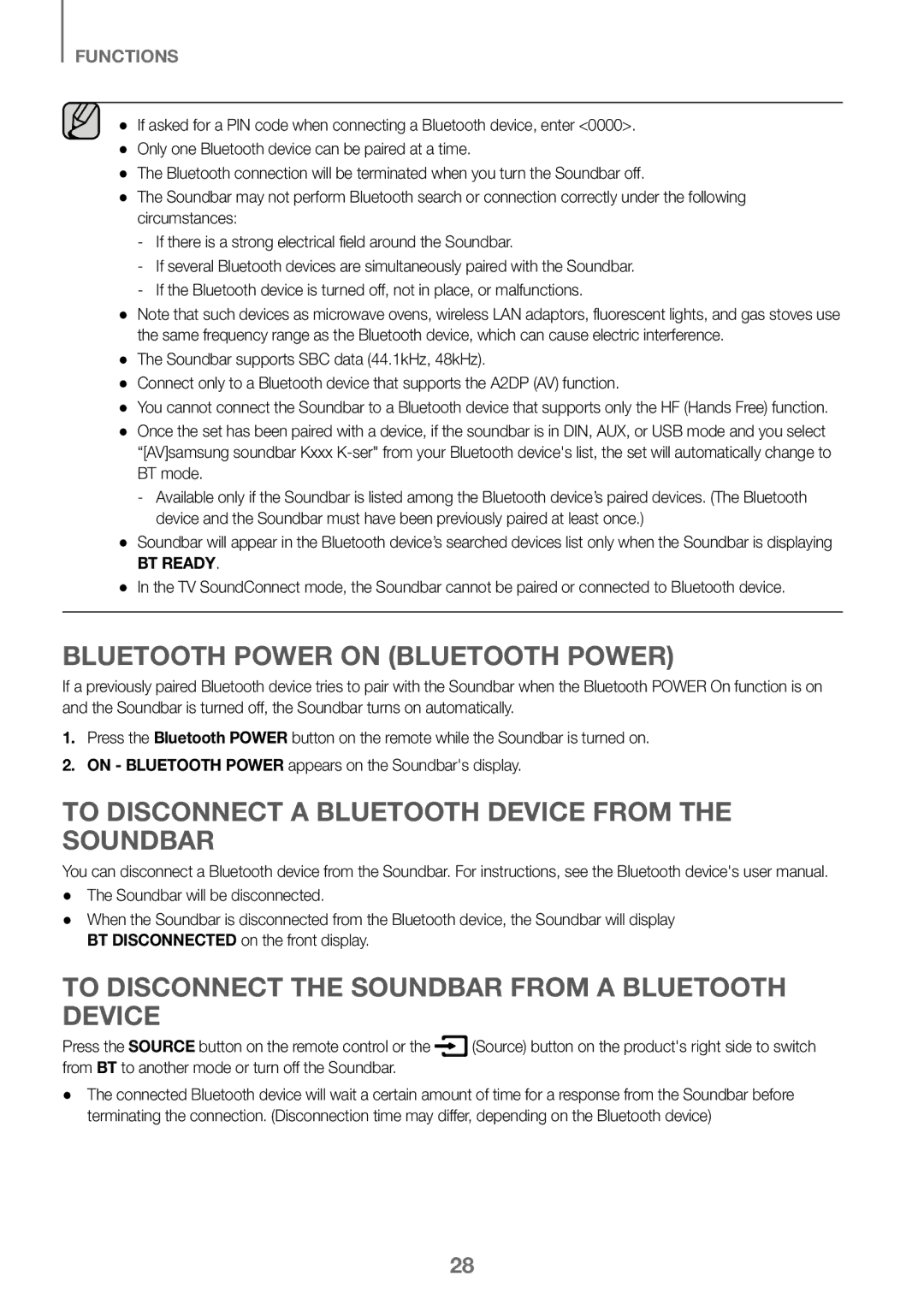 Samsung HW-K360/ZF manual Bluetooth Power on Bluetooth Power, To Disconnect a Bluetooth Device from the Soundbar, BT mode 