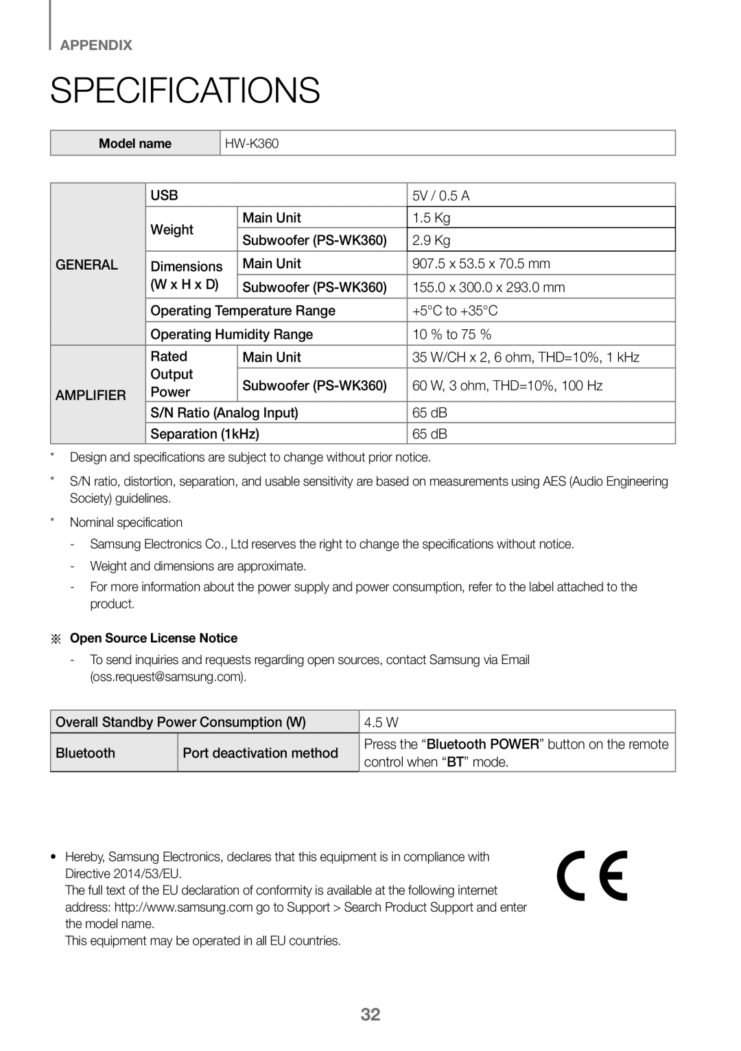 Samsung HW-K360/XN, HW-K360/EN, HW-K360/ZF manual Specifications, Model name, Aa Open Source License Notice 