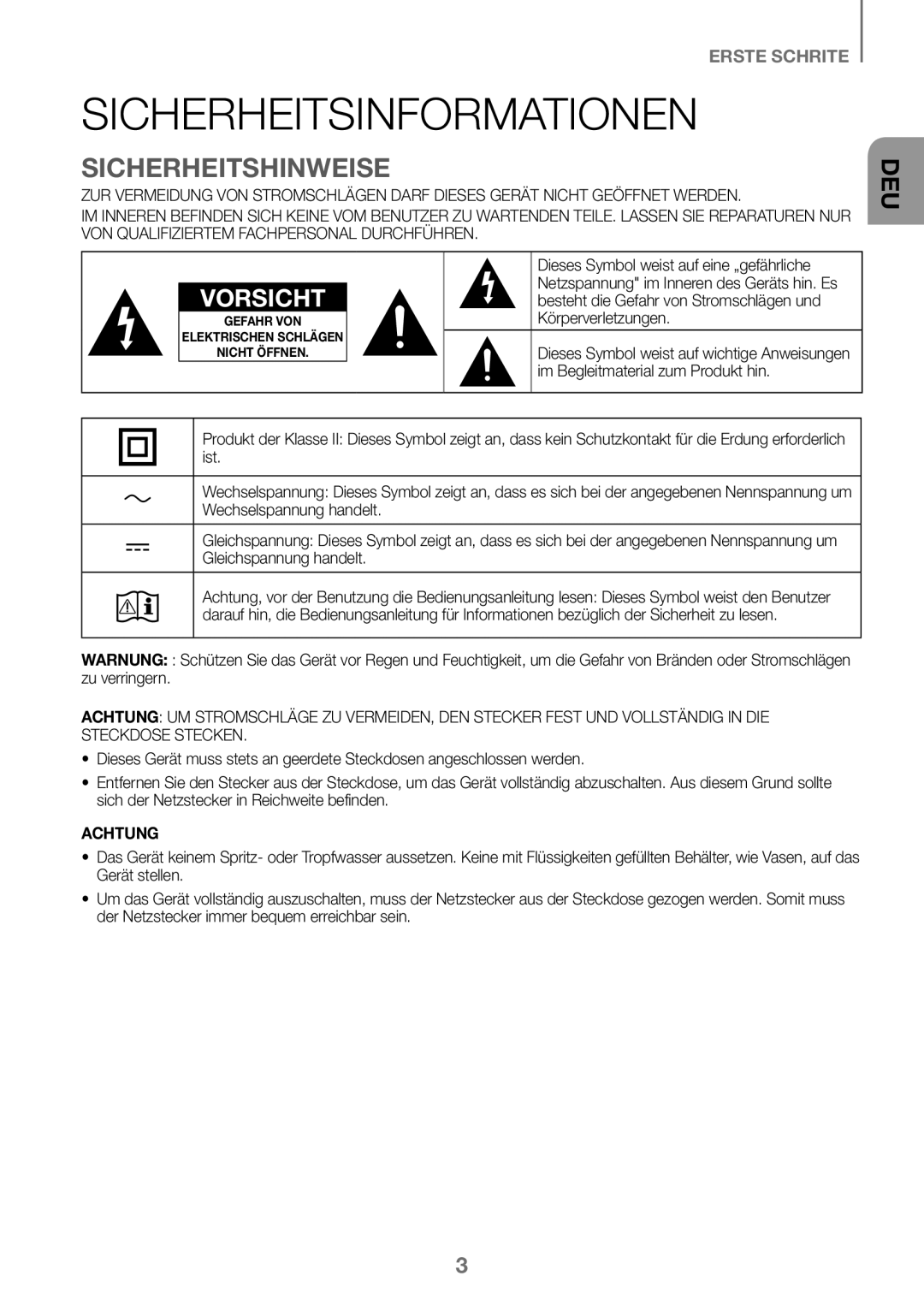 Samsung HW-K360/EN, HW-K360/ZF, HW-K360/XN manual Sicherheitsinformationen, Sicherheitshinweise 