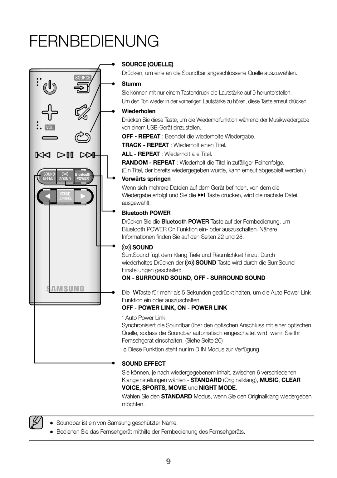 Samsung HW-K360/EN, HW-K360/ZF, HW-K360/XN manual Fernbedienung, Stumm, Wiederholen, Vorwärts springen 