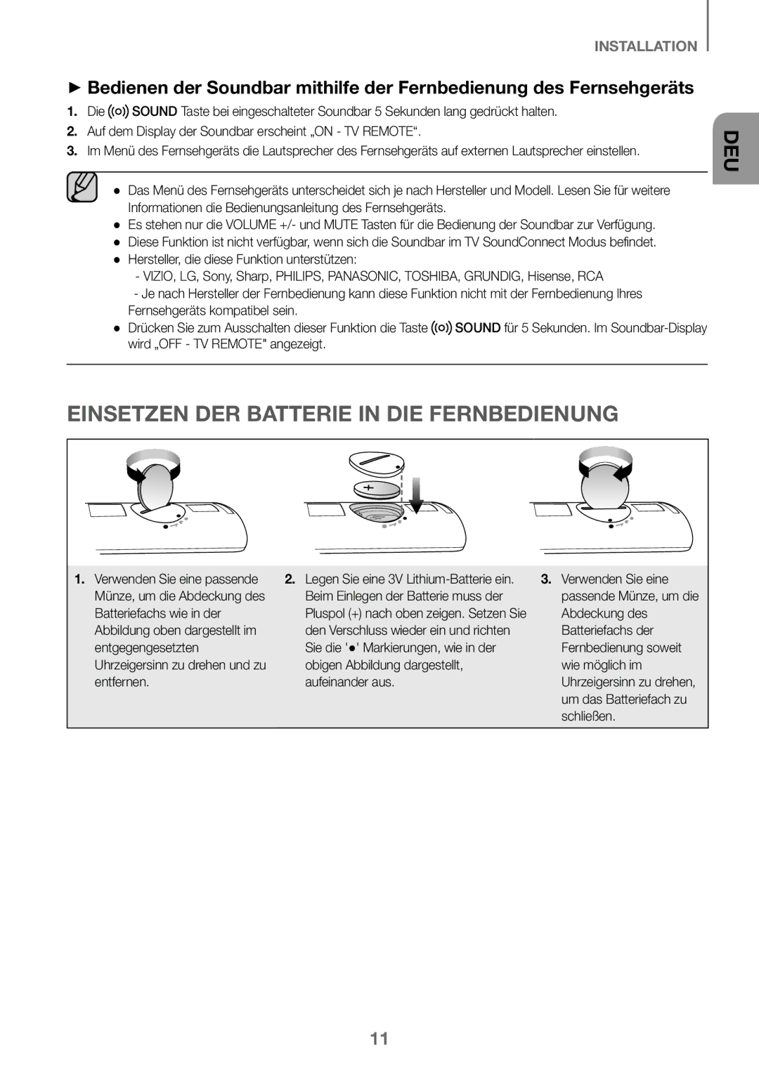 Samsung HW-K360/XN, HW-K360/EN, HW-K360/ZF manual Einsetzen DER Batterie in DIE Fernbedienung 