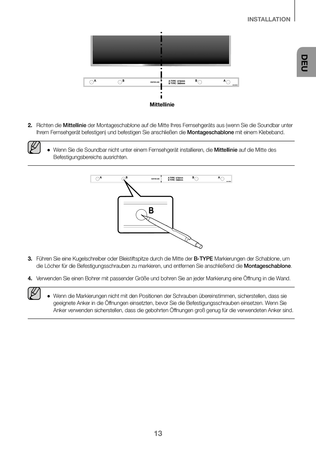 Samsung HW-K360/ZF, HW-K360/EN, HW-K360/XN manual Mittellinie 