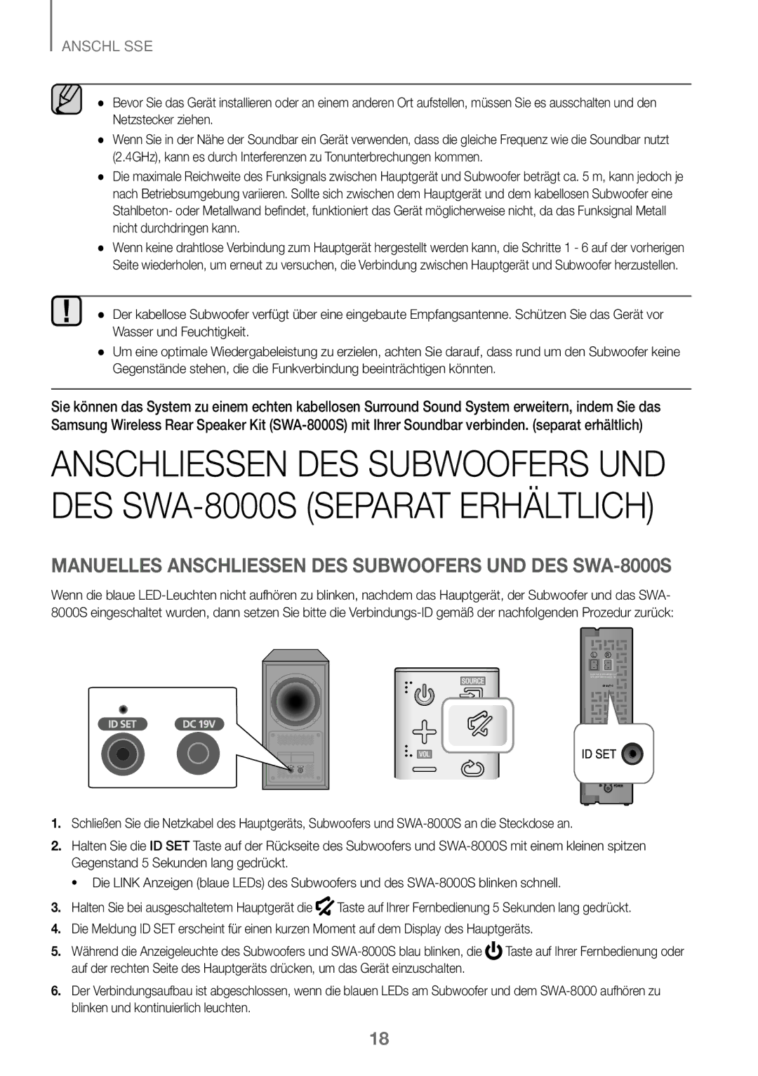 Samsung HW-K360/EN, HW-K360/ZF, HW-K360/XN manual Manuelles Anschliessen DES Subwoofers UND DES SWA-8000S 